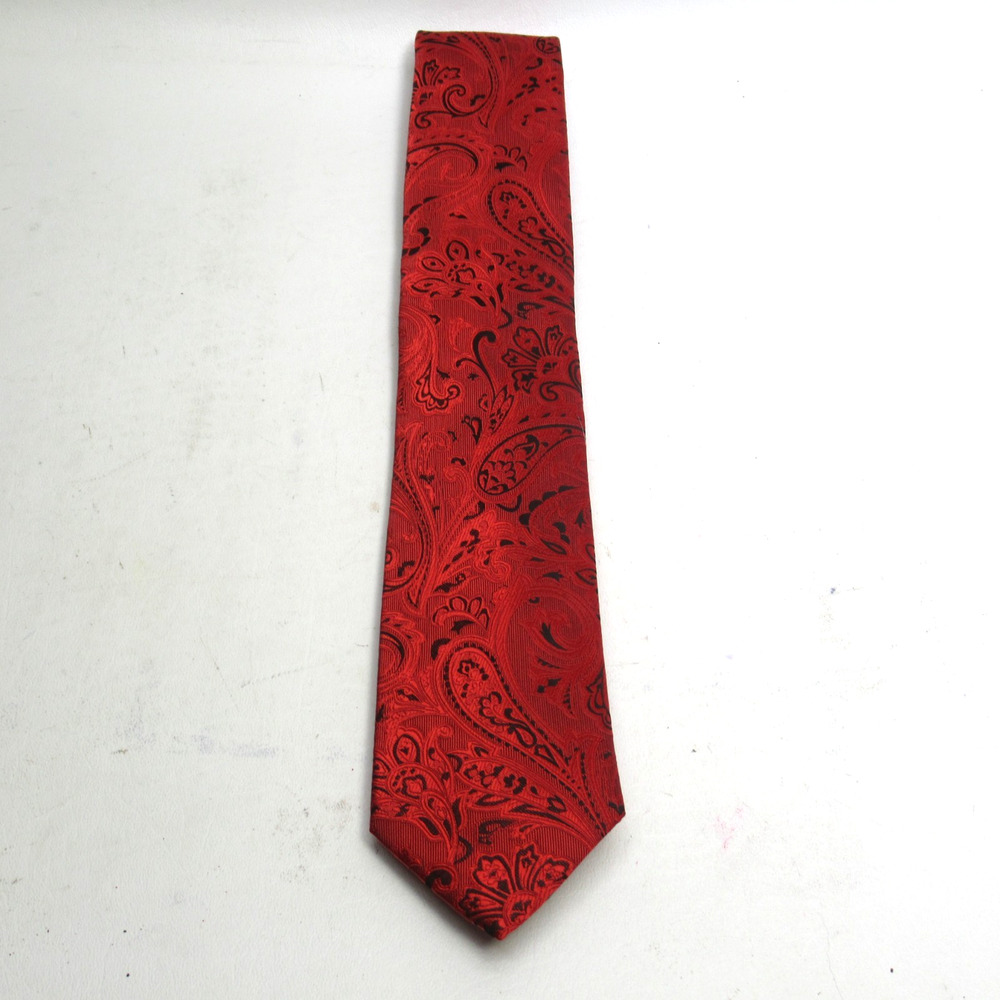 Puccini Neck Tie Mens 58 in Microfiber Red Black Paisley Skinny